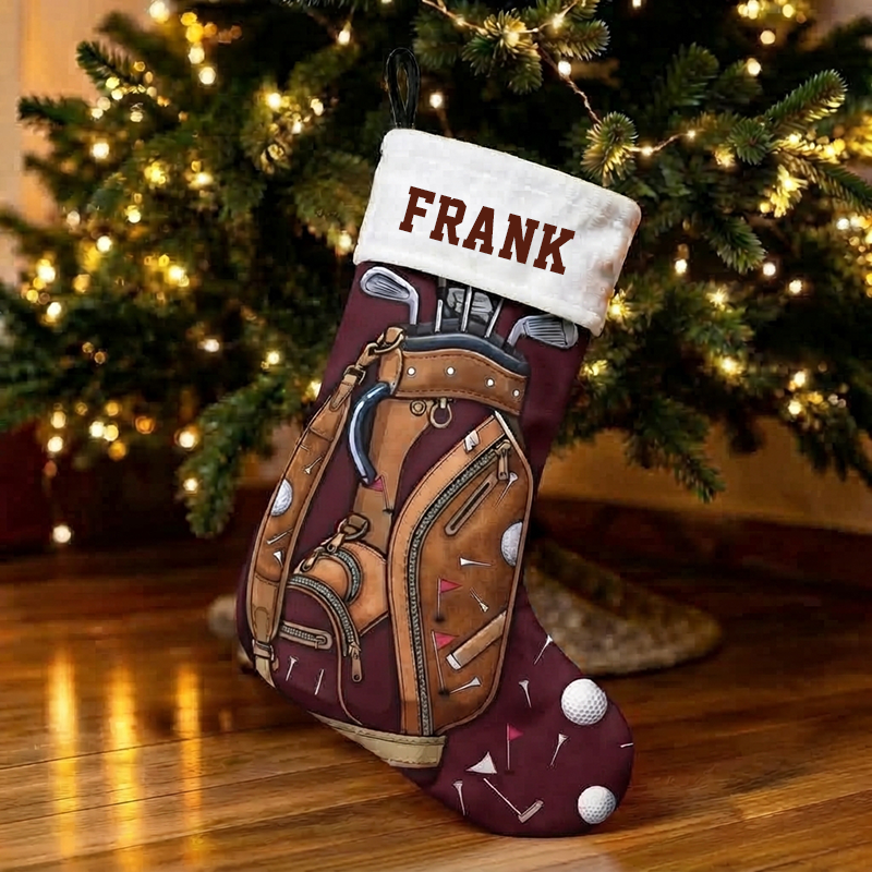 Personalized Golf Bag Christmas Stocking, Custom Name Golf Club Print Xmas Stocking with White Sherpa Cuff, Golf Lover Christmas Hanging Decor Gift for Golfer Dad