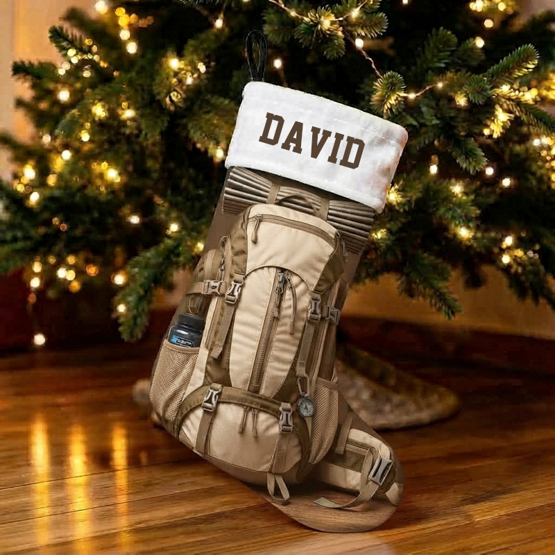 Personalized Hiking Backpack Christmas Stocking, Custom Name Outdoor Camping Rucksack Print Xmas Stocking with White Sherpa Cuff, Adventure Christmas Decor Gift for Hiker Camper