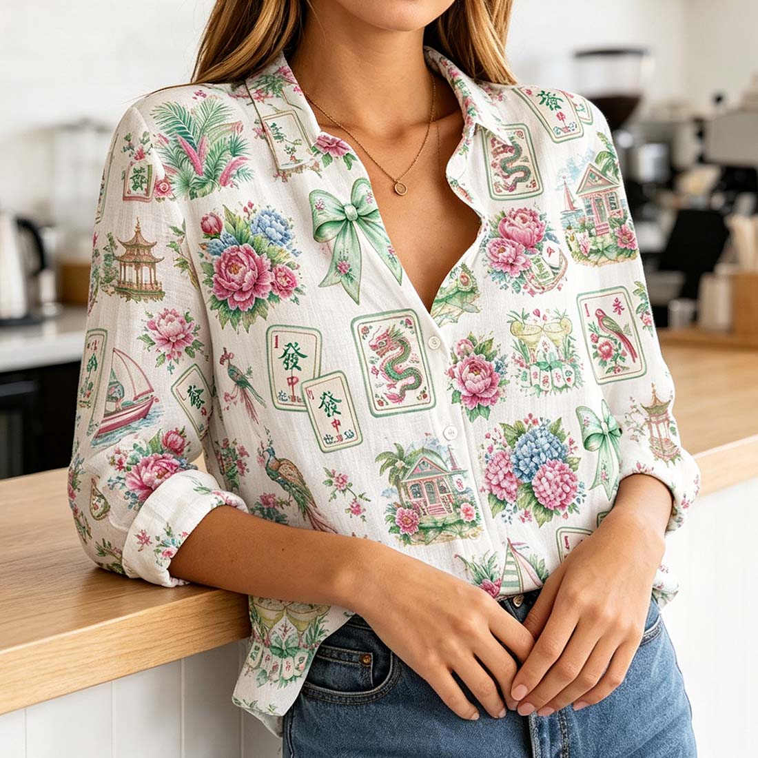 Retro Mahjong Women Blouse Shirt, Chinoiserie Pattern Button Down, Asian Art Long Sleeve Shirt
