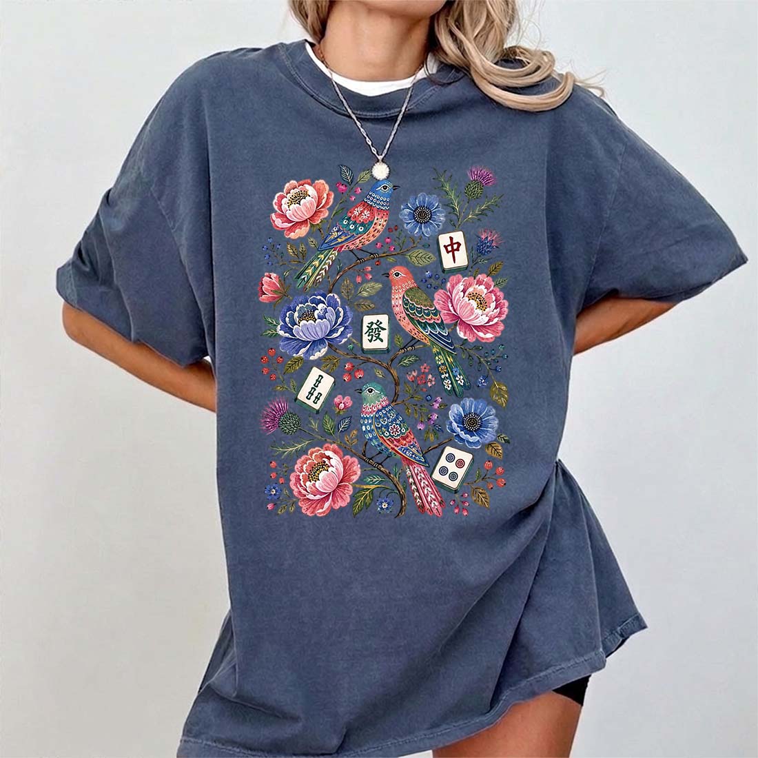 Mahjong Bird Floral Shirt Colorful Tile Game Tee