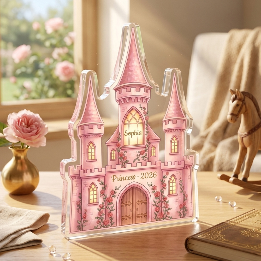 Personalized Princess Castle Acrylic Plaque Custom Name Christmas Palace Gift For Girls Kids Bedroom Nursery Fairy Tale Pink Decor Ornament