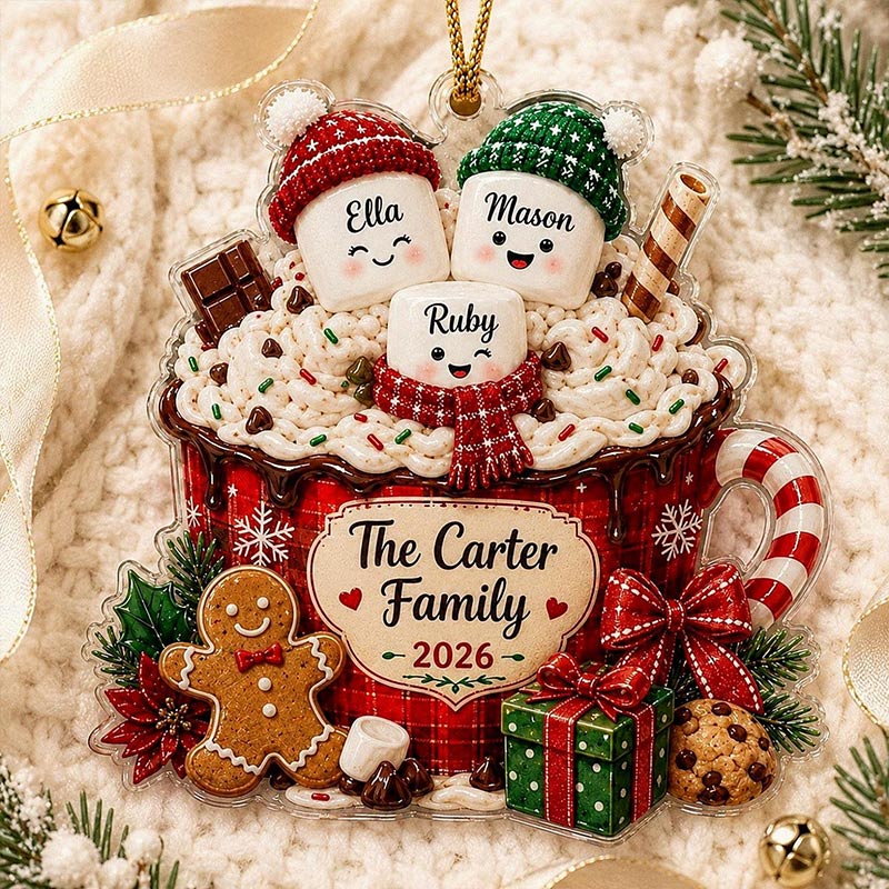 Personalized Marshmallow Family Ornament 2026 Custom Hot Cocoa Cup Acrylic Decor Christmas Tree Keepsake Gift