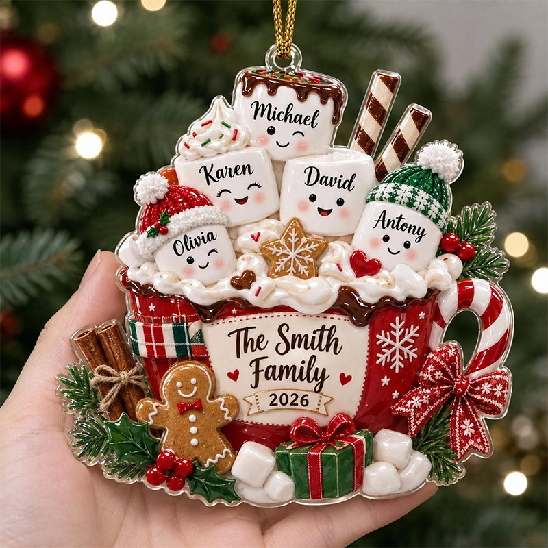 Personalized Acrylic Ornament Marshmallow Family 2026 Custom Family Name 2D Coffee Cup Christmas Decor Holiday Keepsake Gift