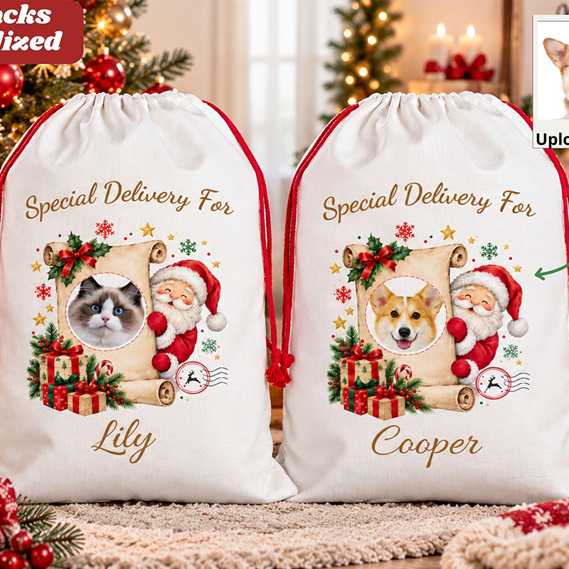 Personalized Santa Claus Sack Personalized with Pet Photo, Dog & Cat, Large Santa Bag Personalized, Christmas Eve Gift Bag, Custom Santa Sack
