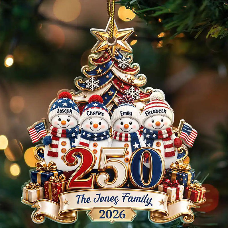 Personalized 250 Years Of Freedom Christmas Ornament Snowman with Family Names Custom Acrylic Keepsake Patriotic Family Holiday Gift
