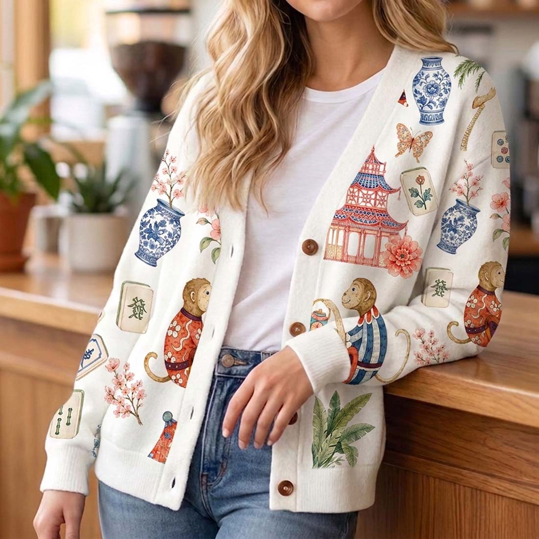 Preppy Chinoiserie Mahjong Women Light Knit Unisex Cardigan Sweaters Lucky Monkey Pink Pagoda