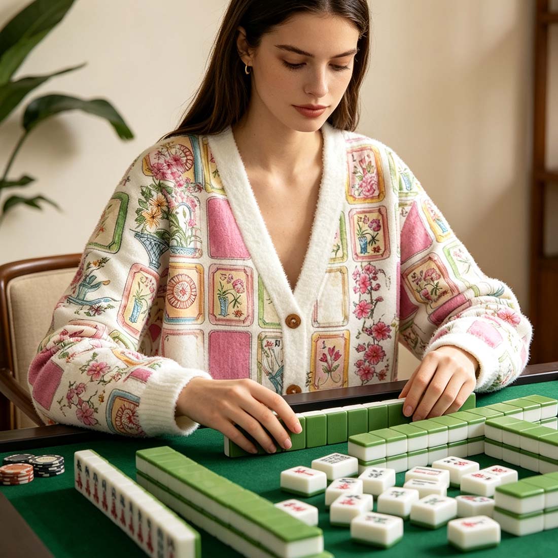 Retro Mahjong Women Light Knit Unisex Cardigan Sweaters  Chinoiserie Pattern Button Down Asian Art