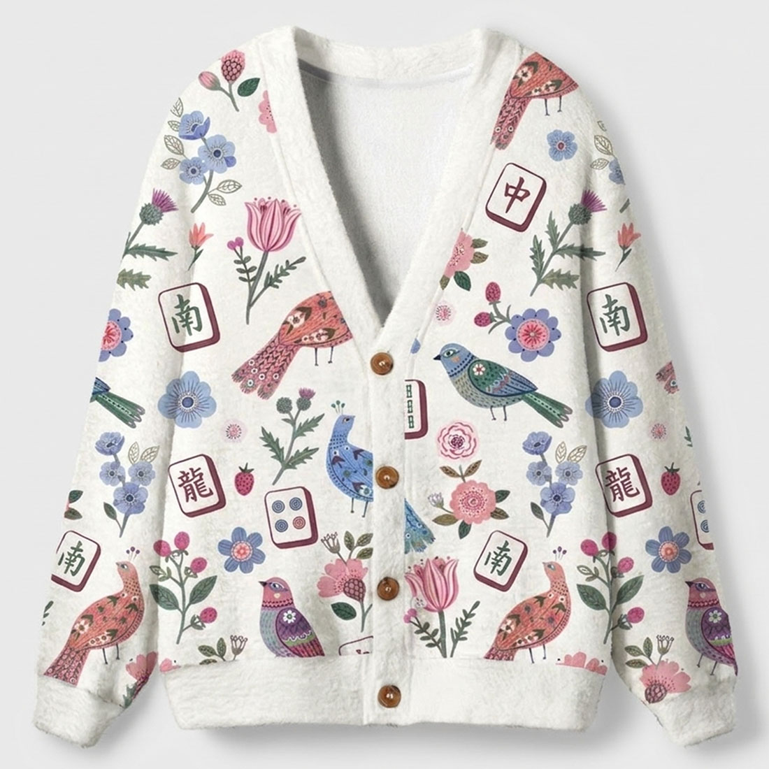 Mahjong Floral Birds Retro Mahjong Women Light Knit Unisex Cardigan Sweaters  Chinoiserie Pattern Button Down Asian Art