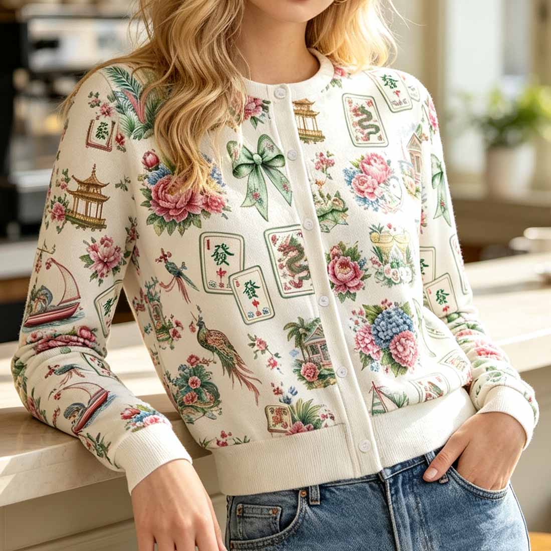 Retro Mahjong Women Crew Neck Cardigan Sweaters Chinoiserie Pattern Asian Art Short
