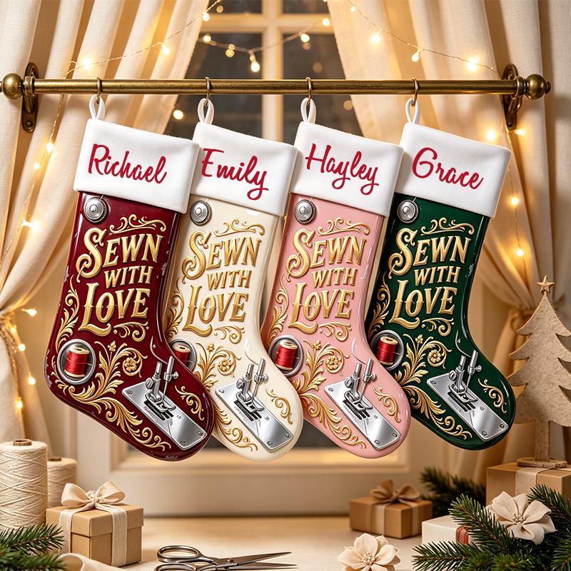 Personalized Sewing Themed Christmas Stocking, Sewn With Love Custom Name Xmas Stocking