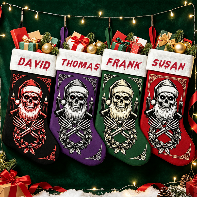 Personalized Skeleton Santa Christmas Stocking, Custom Name Gothic Xmas Stocking, Spooky Dark Holiday Decor, Gift for Goth Lover, Family Fireplace Hanging Sock