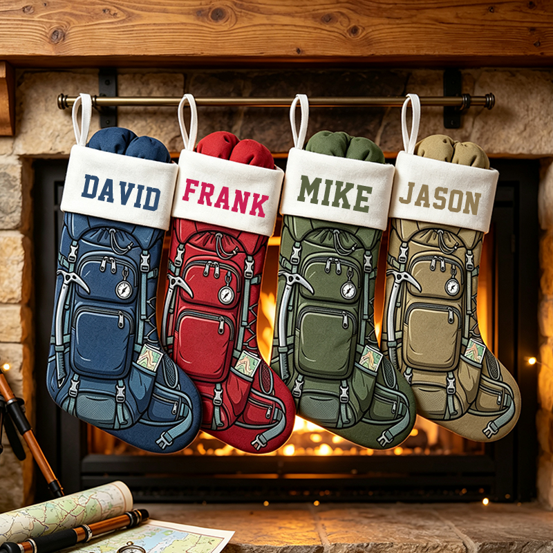 Personalized Hiking Backpack Christmas Stocking, Custom Name Outdoor Camping Xmas Stocking, Adventure Themed Christmas Decor Gift for Hiker Camper