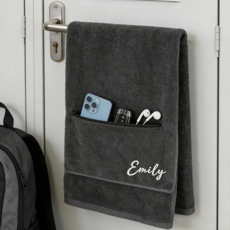 Personalized Gym Towel Embroidered Name Fitness Towel with Zipper Pocket Custom Sports Gift for Birthday for Gym Lovers