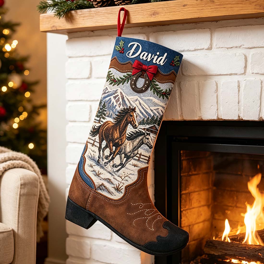 Personalized Cowboy Boot Christmas Stocking Faux Suede Printed Western Holiday Decor