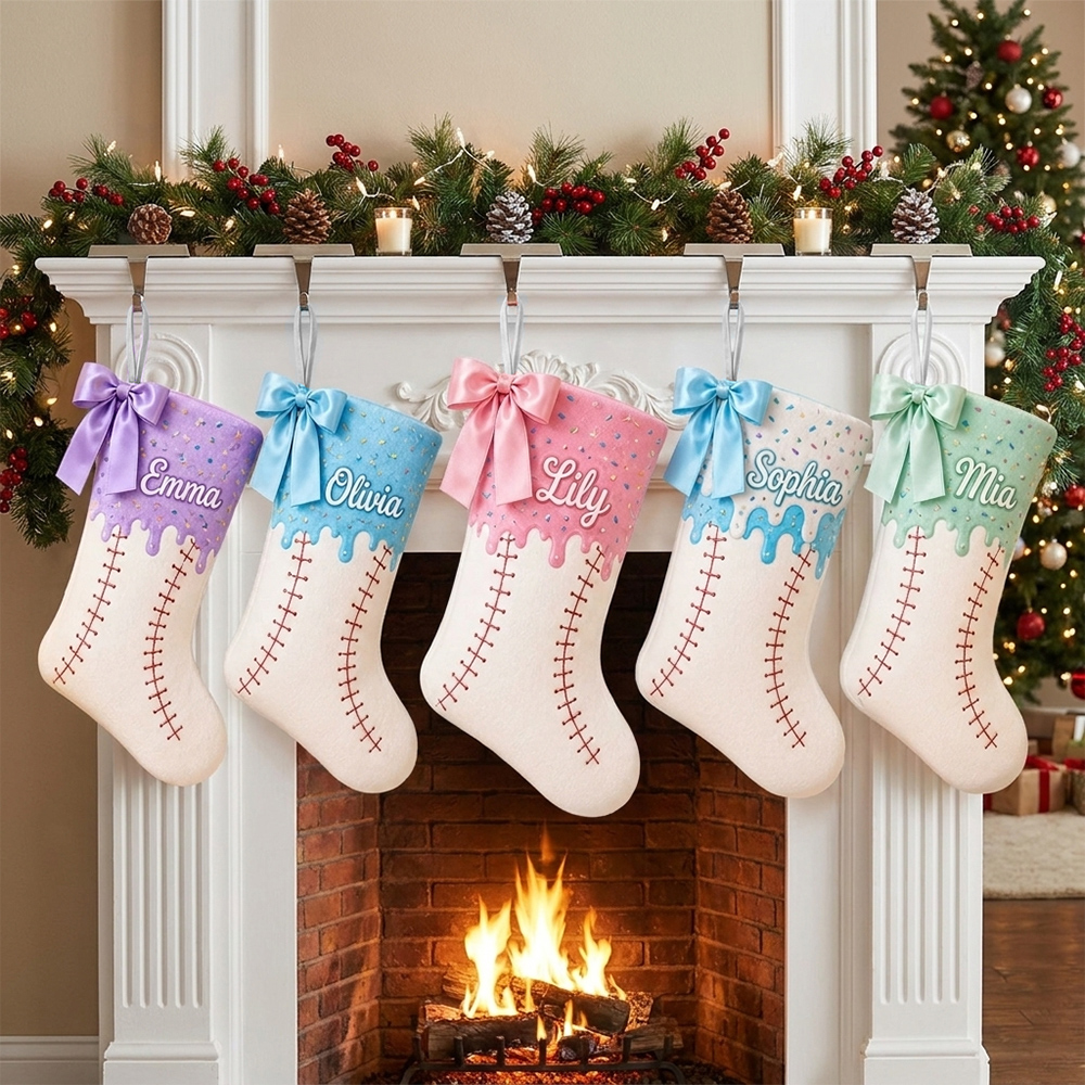 Personalized Pastel Baseball Christmas Stocking with Name and Bow