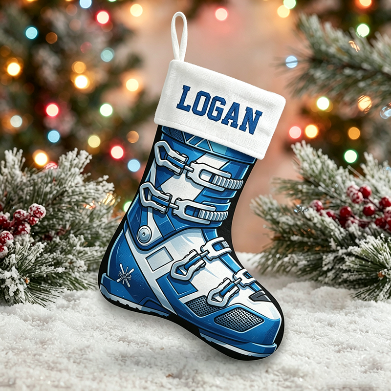 Personalized Ski Boot Christmas Stocking, Custom Name Skiing Christmas Stocking, Gift for Skiers, Winter Sports Family Holiday Mantel Decor