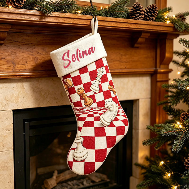 Personalized Name Chess Christmas Stocking, 3D Chess Pieces Checkerboard Pattern Custom Holiday Stocking, Customized Christmas Decor Gift for Chess Lovers, Family Christmas Mantel Decoration