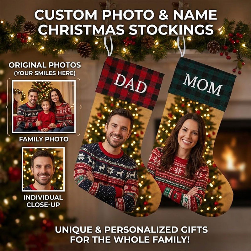Personalized Family Photo Christmas Stocking Custom Monogrammed Name & Printed Picture Holiday Stockings Christmas Decoration Gift for Family