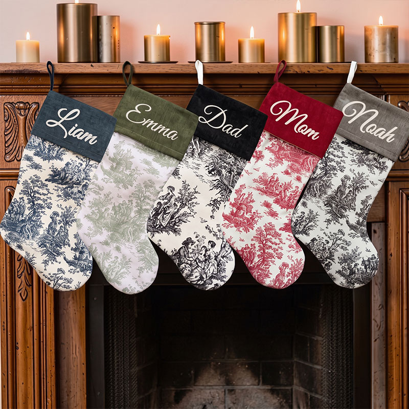 Personalized Toile Christmas Stockings Custom French Country Holiday Decor Farmhouse Stockings Elegant Monogrammed Name Stocking Family Christmas Gift