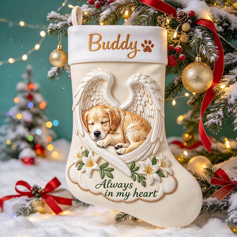 Personalized Pet Memorial Christmas Stocking, Angel Dog With Wings Custom Name Xmas Sock, Always In My Heart Remembrance Gift For Loss Of Dog