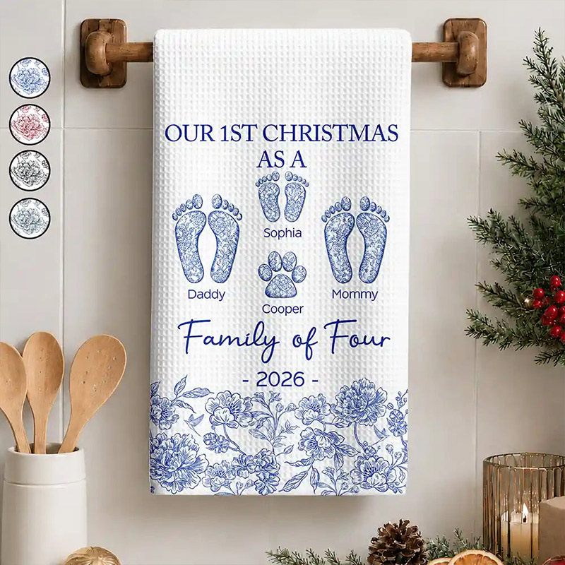 Personalized First Christmas As A Family Of Four Toile Footprints Kitchen Towel Custom Family Kitchen Towel Christmas Gift for Mom Dad Grandparents