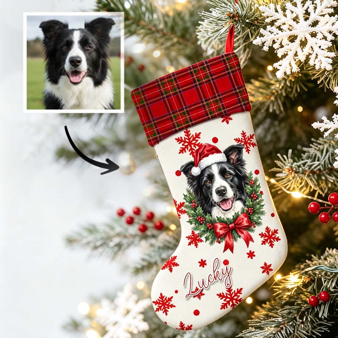 Personalized Christmas Theme Snowflake Pet Photo Christmas Stocking with Name