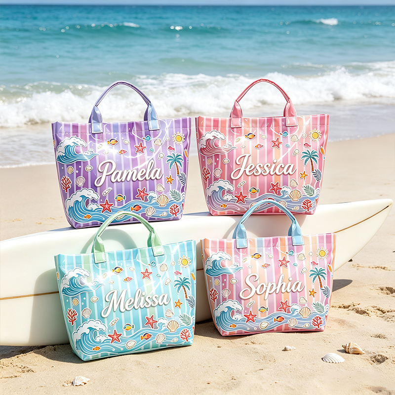 Personalized Beach Travel Waterproof Striped Tote Bag Custom PVC Pool Bag Bridesmaid Gift Future Bride Tote Reusable Shopper Bag