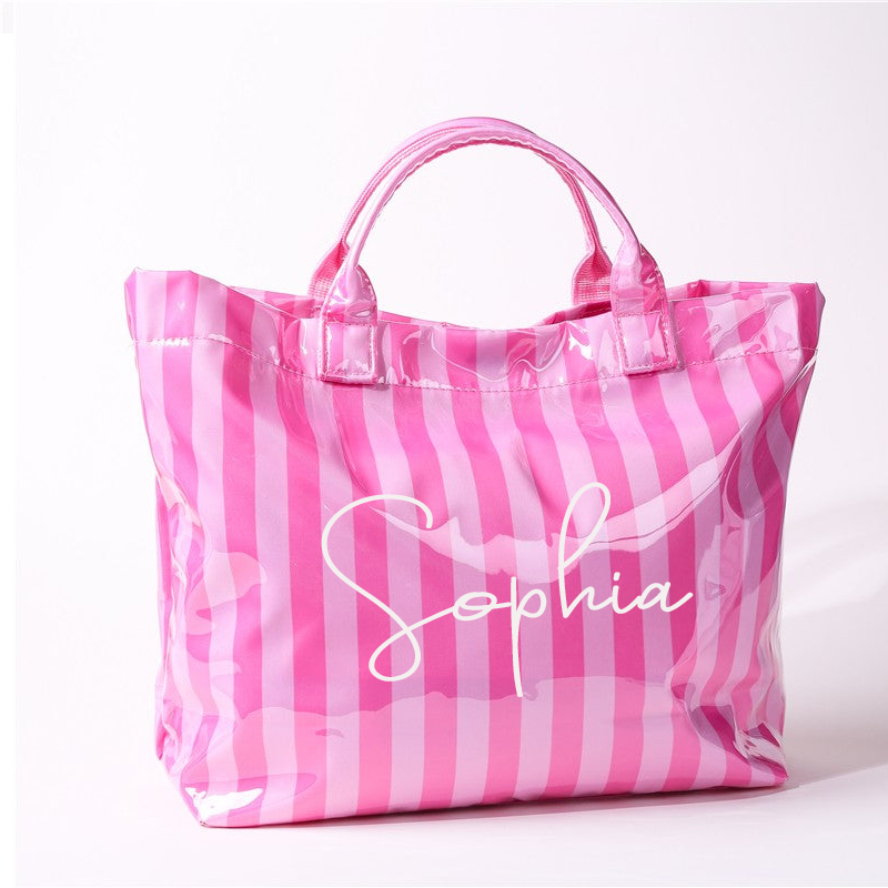 Personalized Girls Beach Traveling Waterproof Striped Tote Bag Custom PVC Pool Bag Bridesmaid Gift Future Bride Tote Reusable Shopper Bag