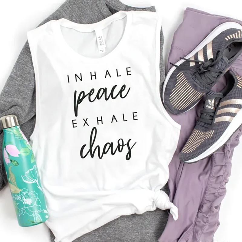 PersonalizedInhale Peace Exhale Chaos Muscle Tank Inspirational Workout Gym Yoga Top for Gym Lover