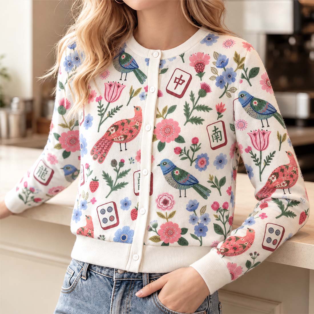 Mahjong Floral Birds Retro Women Crew Neck Cardigan Sweaters Chinoiserie Pattern Asian Art Short