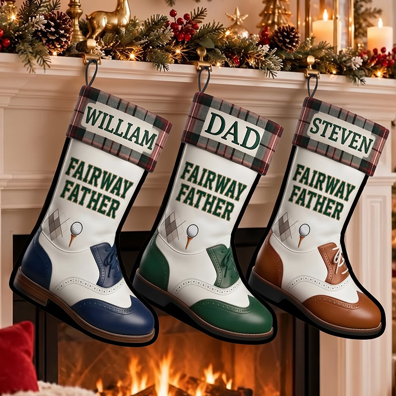 Personalized Fairway Father Christmas Stockings Custom 2D Print Golf Lovers Name Stocking Holiday Decoration Christmas Stocking for Dad