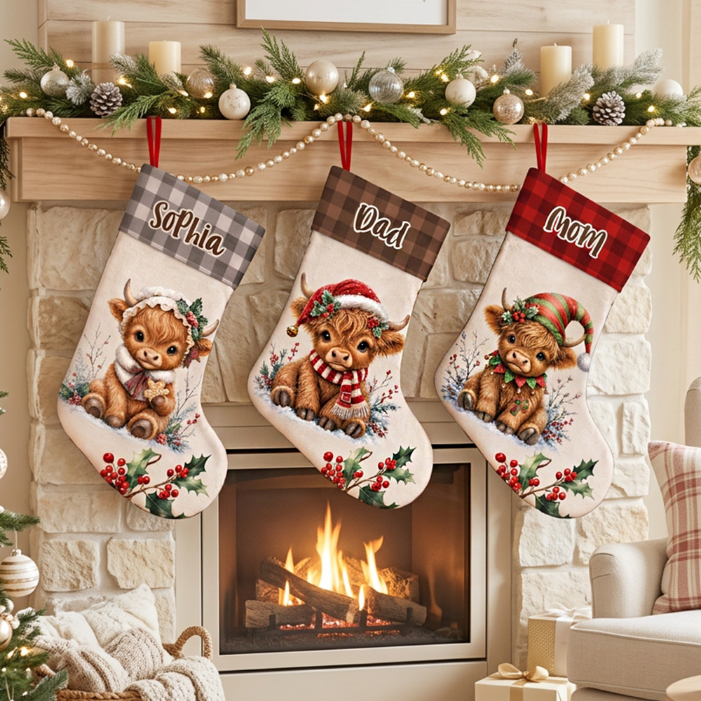 Personalized Cute Christmas Highland Cow Holly Plaid Christmas Stocking with Name Home Decor Christmas Holiday Gift for Kids Friends Family