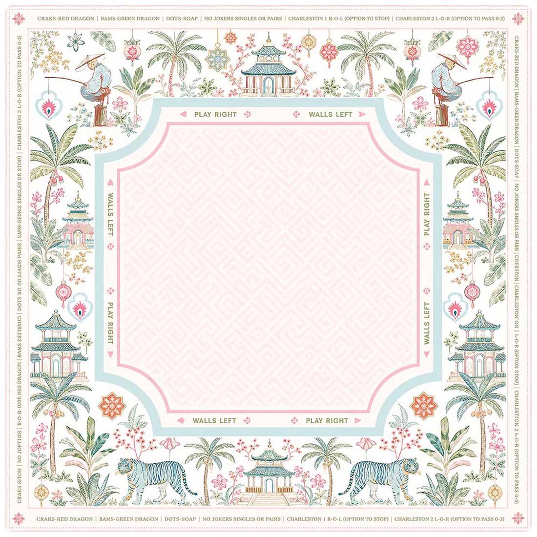 Chinoiserie Mahjong Mat Pastel Asian Game Board Tiger Pagoda