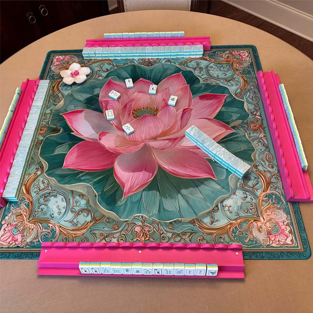 Mahjong Mat Pink Lotus Flower Mahjong Table Mat Elegant Floral Mah Jongg Mat Non Slip Game Mat