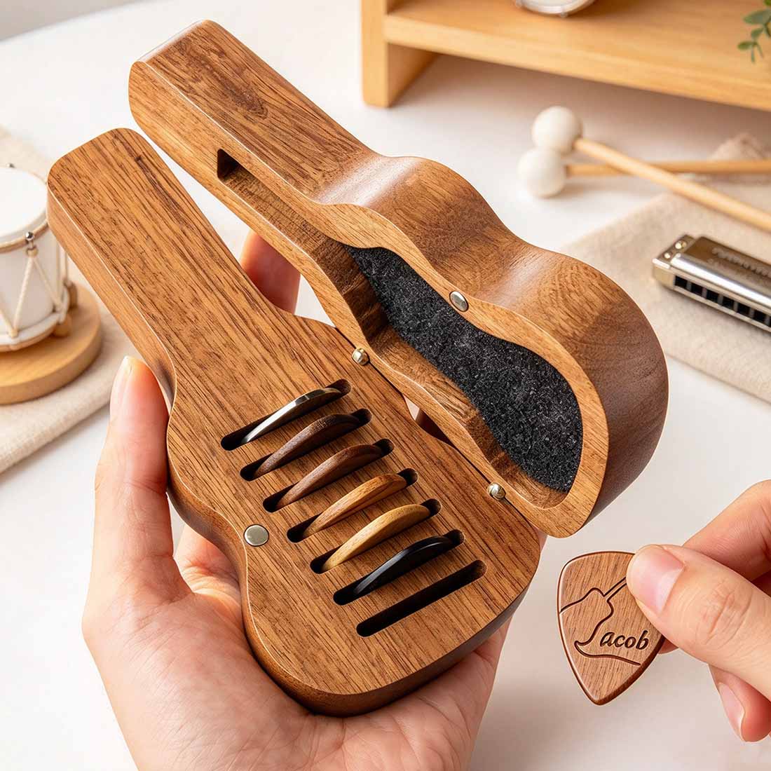 Personalized Engraved Monogram Letter Pattern Wooden Guitar Pick Holder Case with Name Music Accessories
