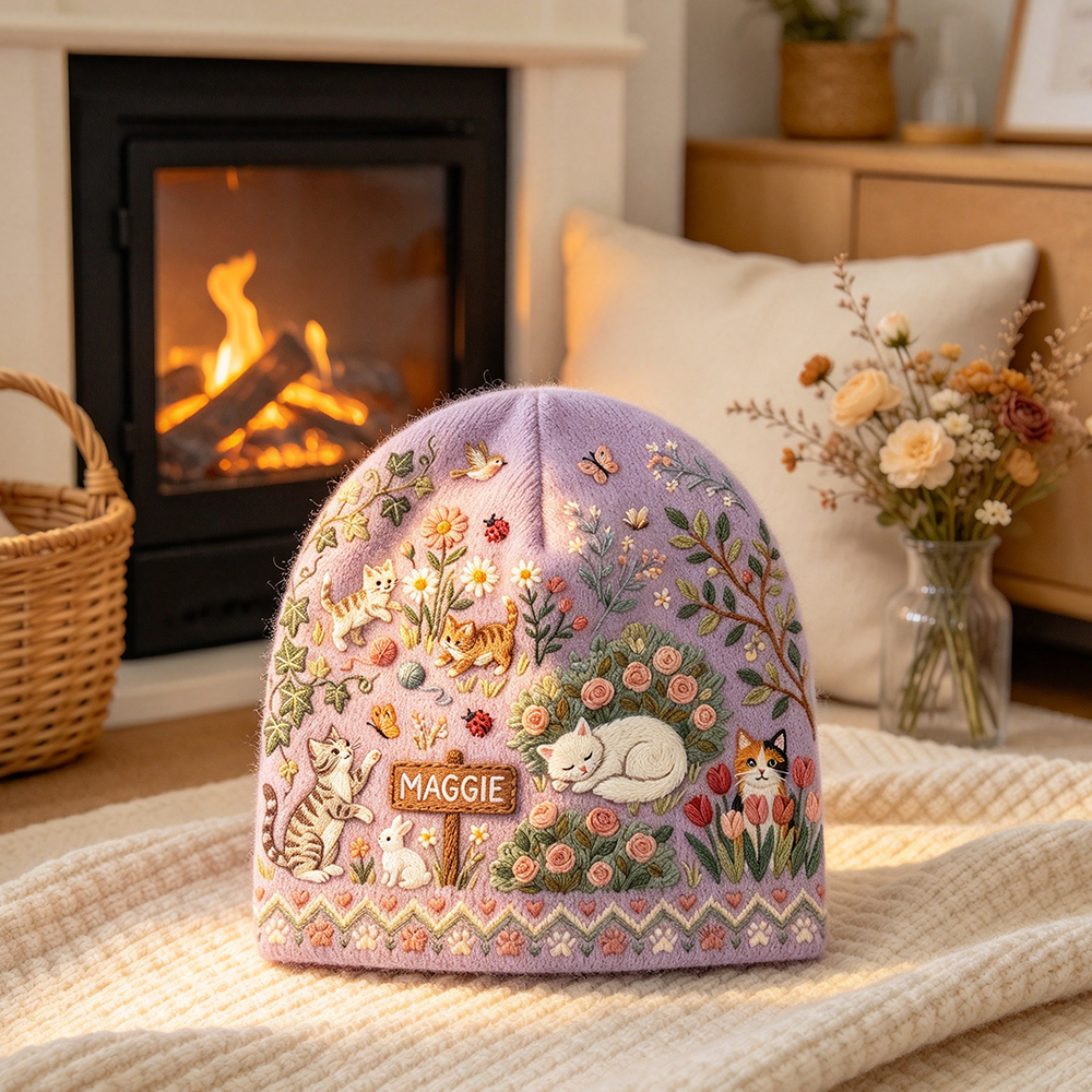 Personalized Garden Cat Beanie | Custom Name Floral Kitten Winter Knit Hat