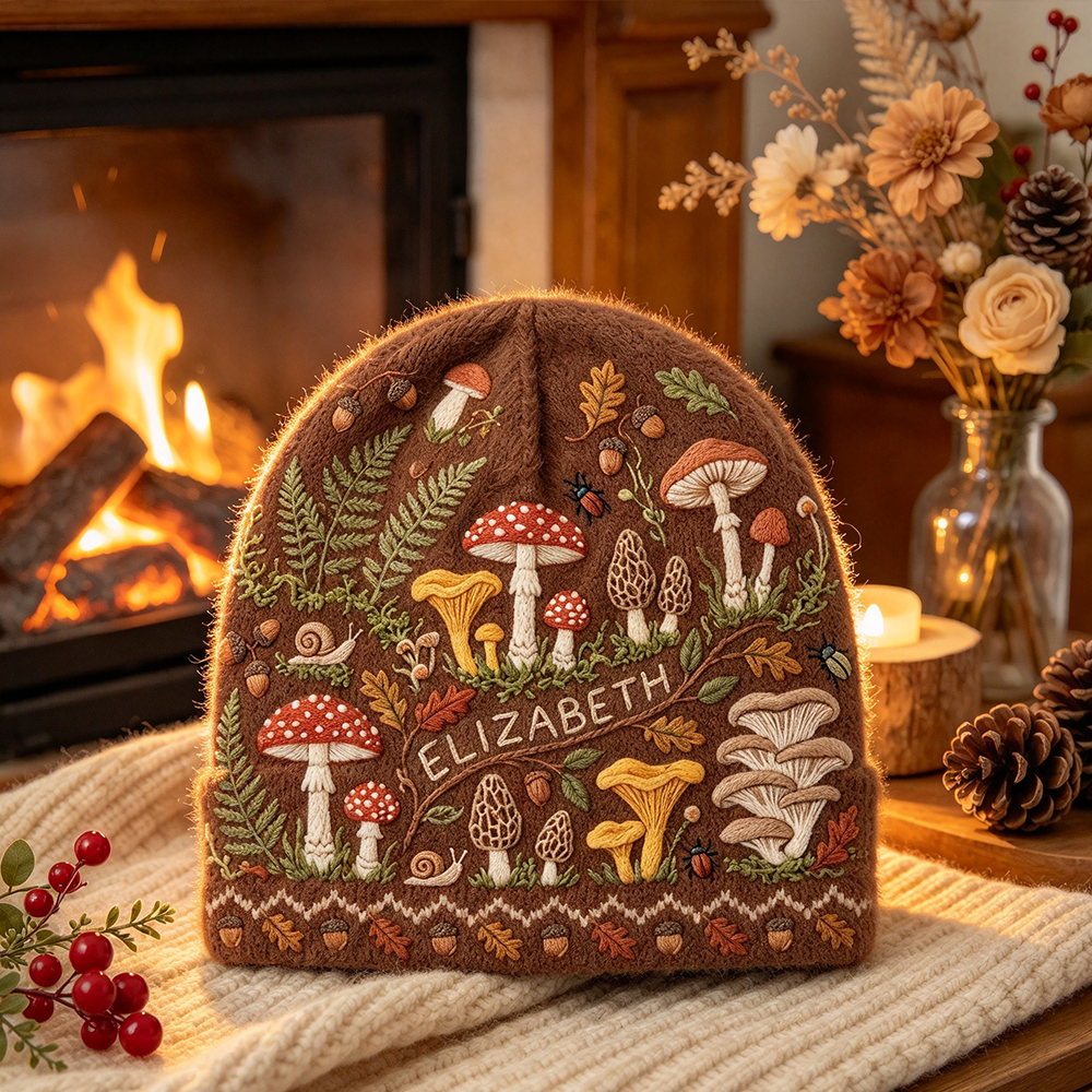Personalized Forest Mushroom Printed Beanie | Custom Name Woodland Winter Knit Hat