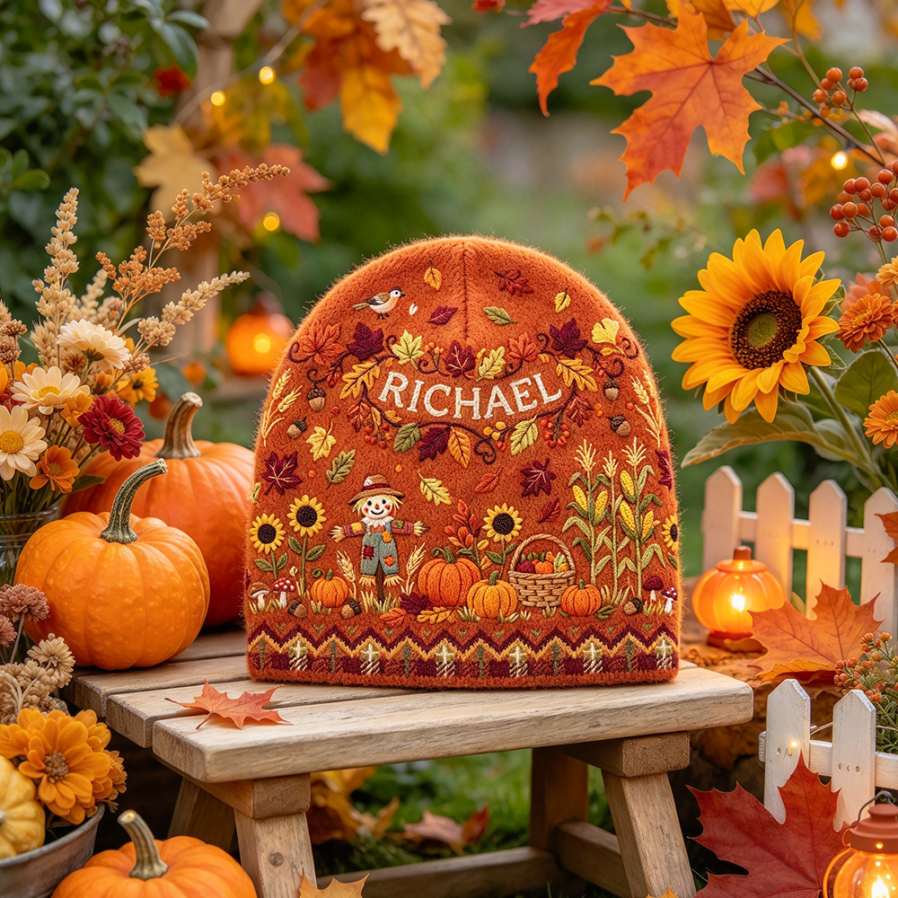 Personalized Fall Harvest Beanie | Custom Name Pumpkin Scarecrow Autumn Knit Hat