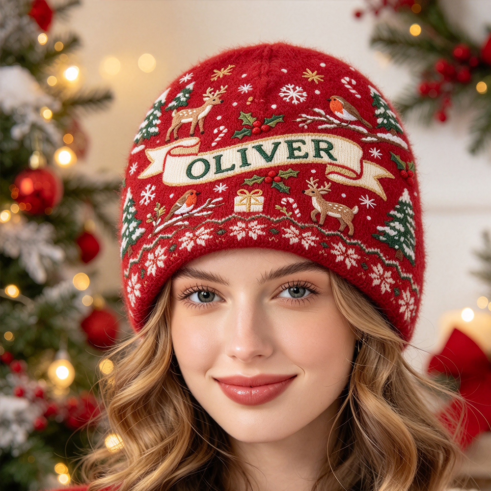 Personalized Merry Christmas Beanie | Custom Name Knit Hat