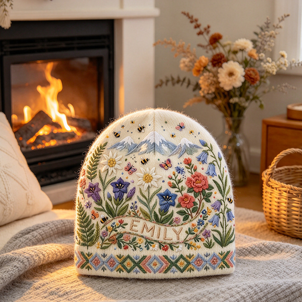 Personalized Mountain Wildflower Beanie | Custom Name Alpine Floral Winter Knit Hat
