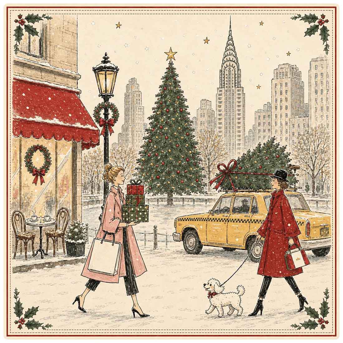 Vintage Christmas Mahjong Mat American Mahjong Table Mat New York City Holiday Illustration