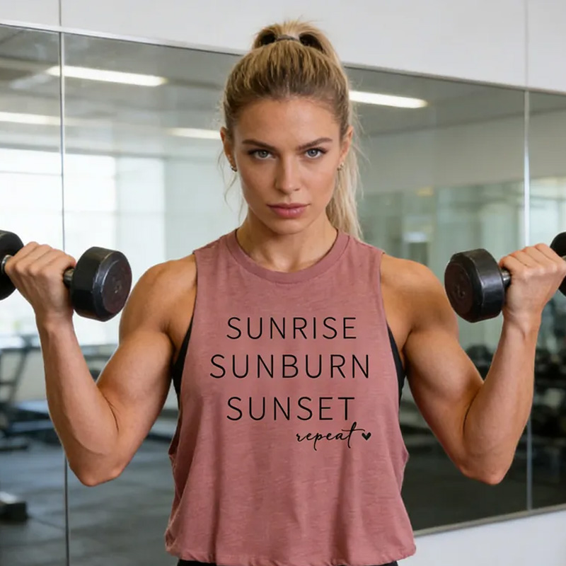 Personalized Sunrise Sunburn Sunset Repeat Tank Top Gym Funny Workout Crop Top for Women Minimalist Shirt for Weightlifting or Fitness Motivation Gym Lover