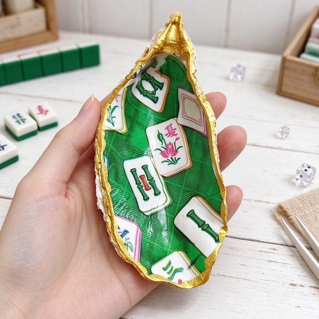 Mah Jong Dice Tra Gold Oyster Shell Mahjong Tile Holder Handmade Trinket Dish Gift for Mahjong Players Bamboo Chic Decor