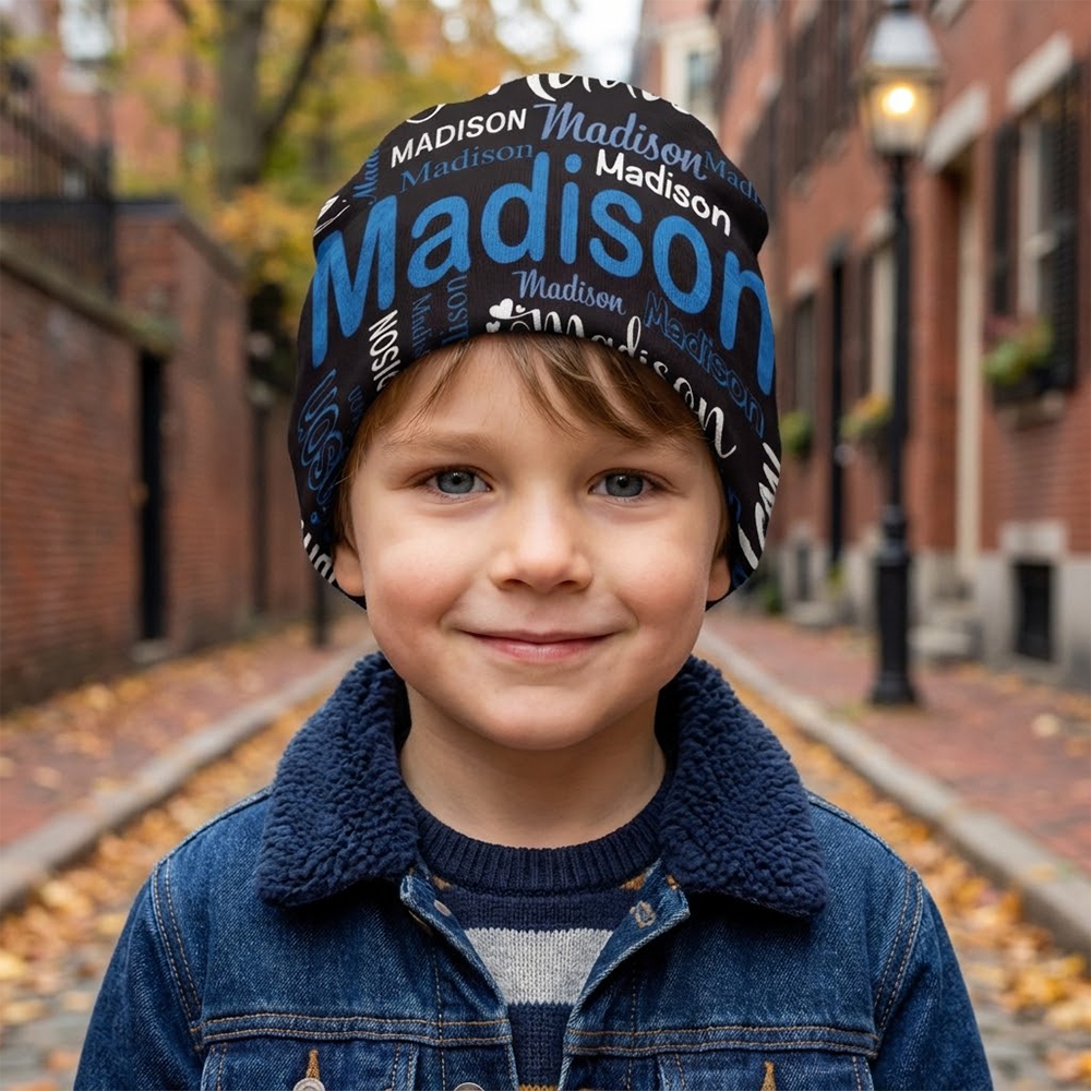 Personalized Name Knit Beanie Custom Word Cloud Soft Plush Warm Winter Hat