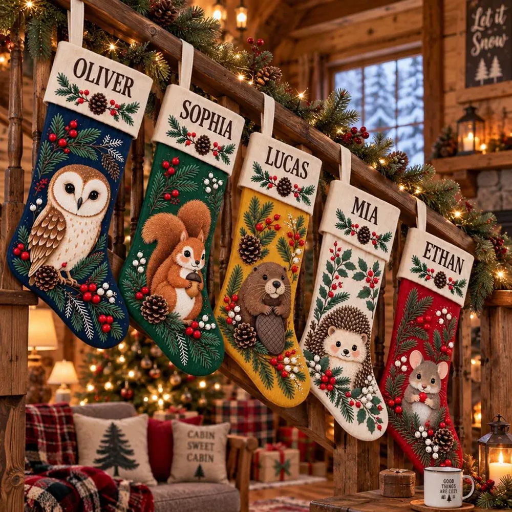 Personalized Christmas Stockings With Custom Name Woodland Animal Face Holiday Hanging Gift for Kids