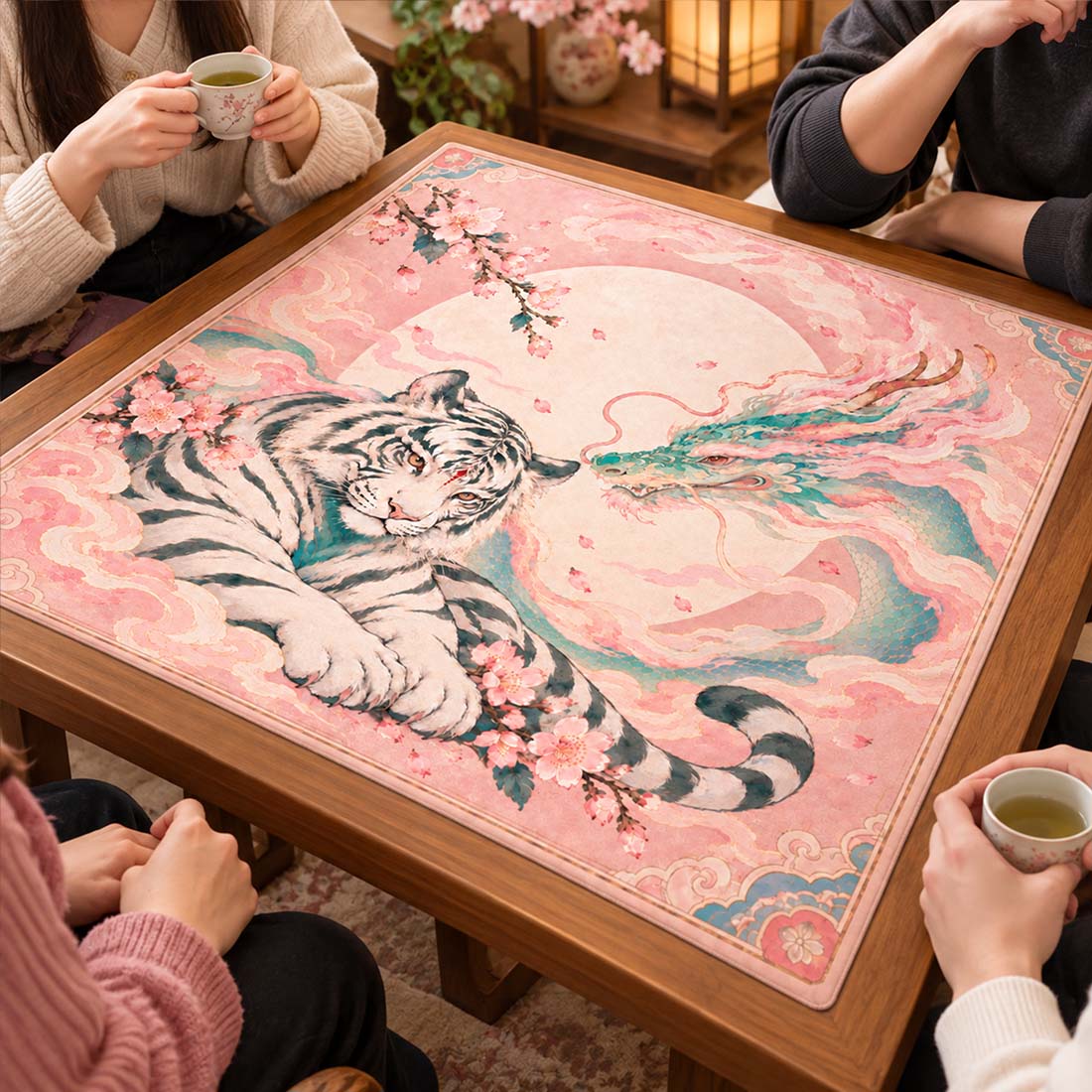 Dragon & White Tiger Cherry Blossom Mahjong Mat