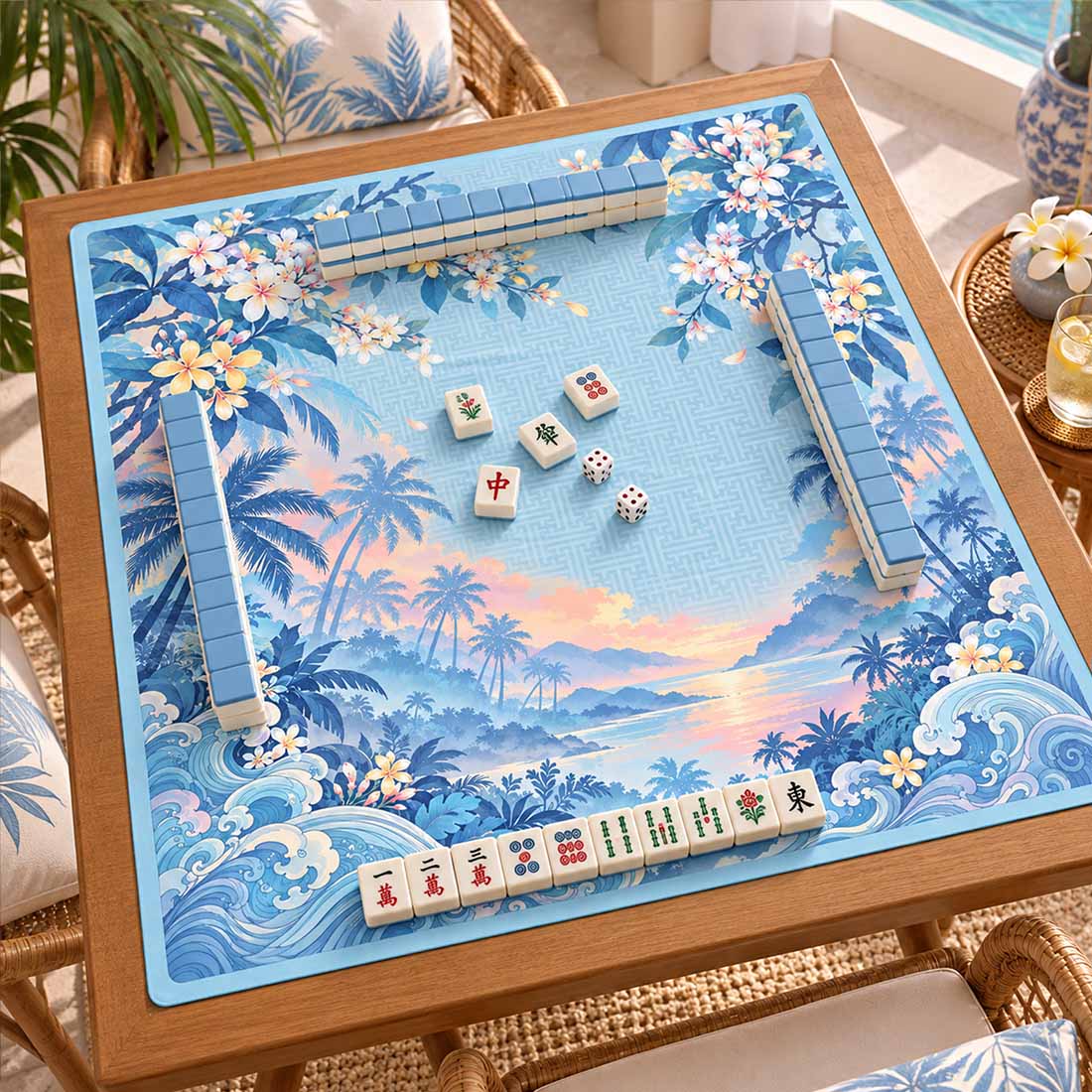 Tropical Plumeria & Ocean Wave Mahjong Mat