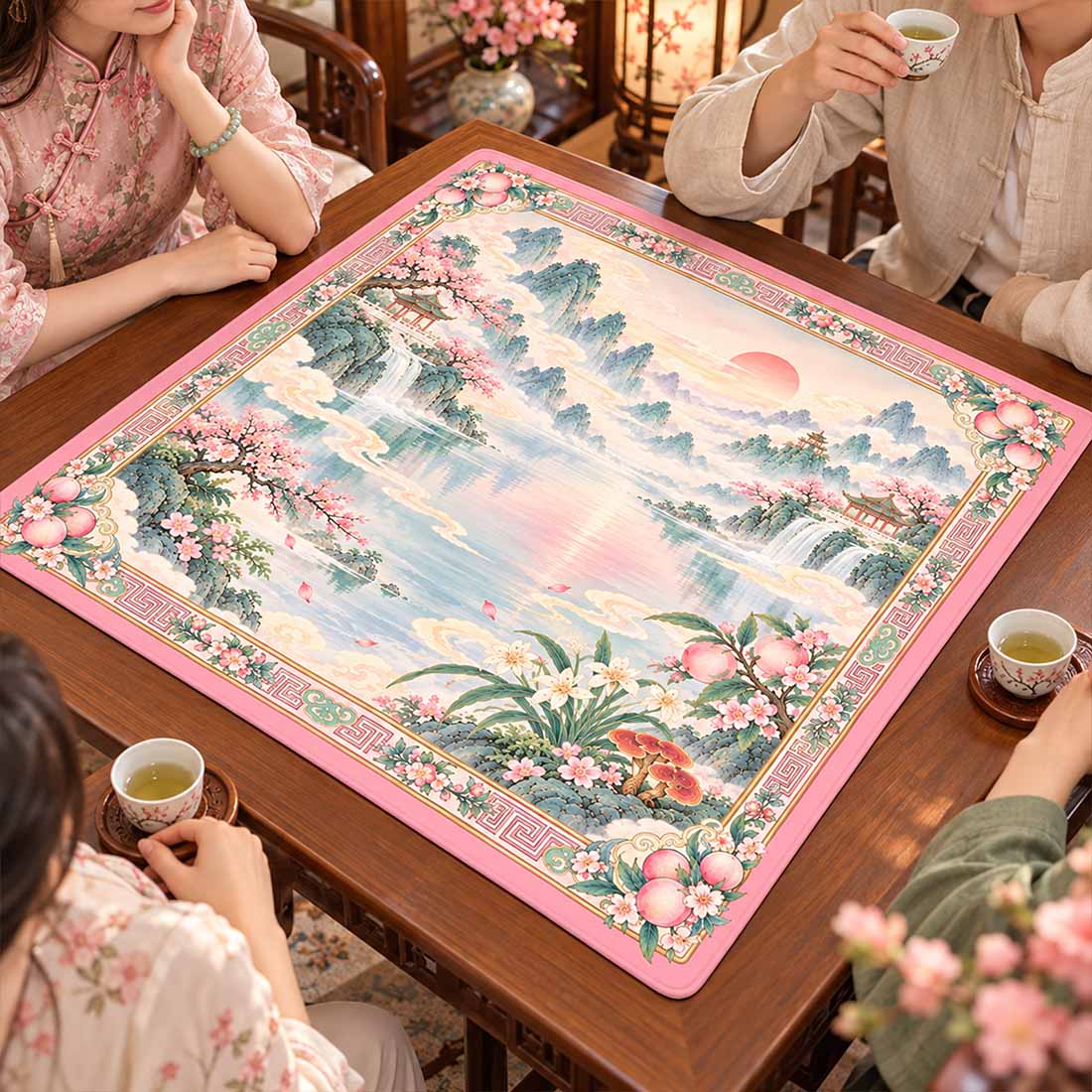 Pink Chinese Peach Blossom Mountain Landscape Mahjong Mat