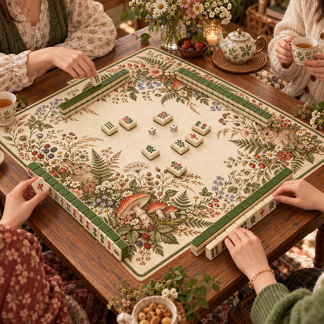 Vintage Forest Rabbit & Mushroom Wildflower Mahjong Mat