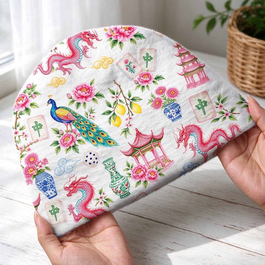 Retro Mahjong Women Cozy Fuzzy Beanie Chinoiserie Pattern Asian Art